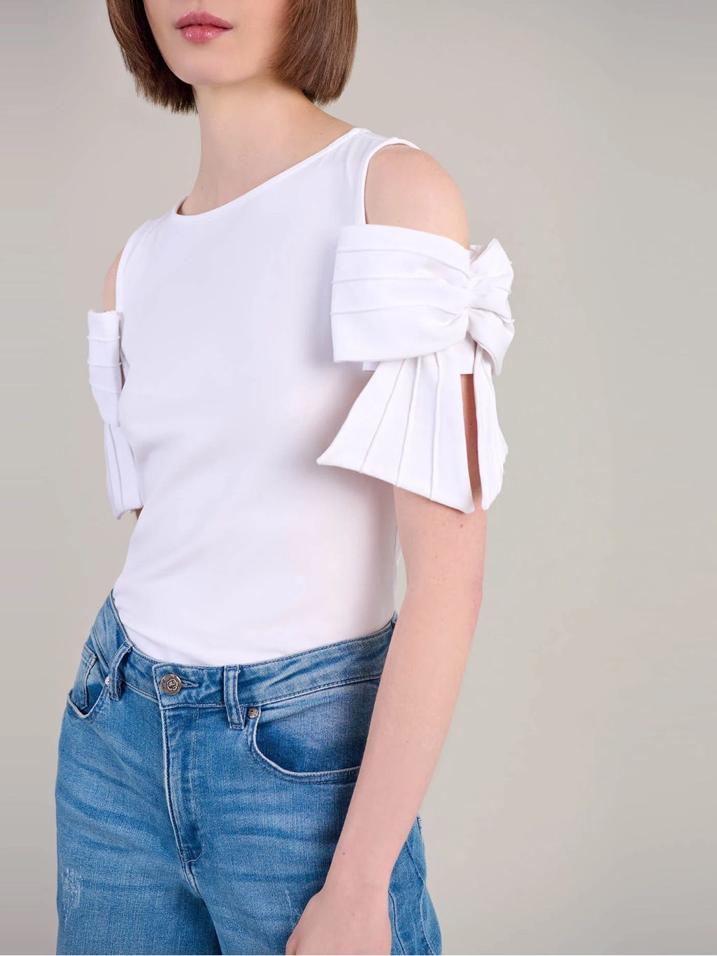 Anne Fontaine Myrtille White Jersey Cotton Top Cold Shoulders Bow Size 38 Us 4-6